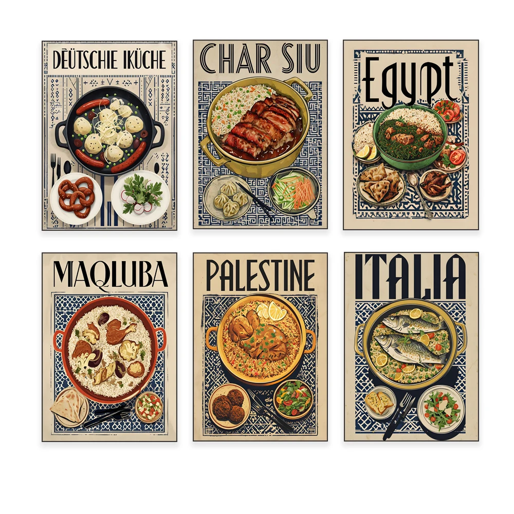 Italian grilled fish, Asian Cantonese barbecue, dumplings, Lebanese culinary art, South African cuisine kitchen decoration poste