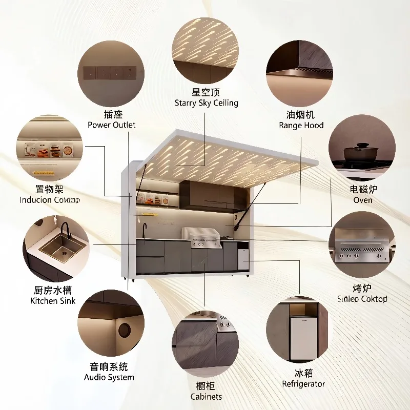 Modern mobile modular outdoor kitchen with 4 drawers, perforated canopy and removable cooking table