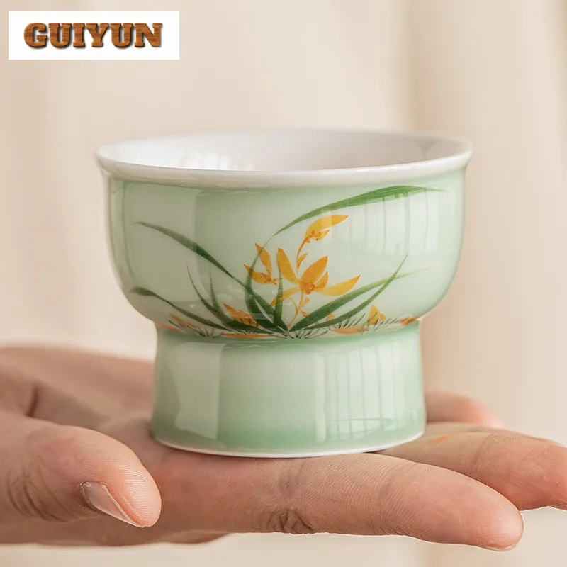 60ml Hand-painted Orchid High Footed Cup Women's Personal Master Cup Bluish Green Tea Bowl Personal Meditation Cup Mug Drinkware