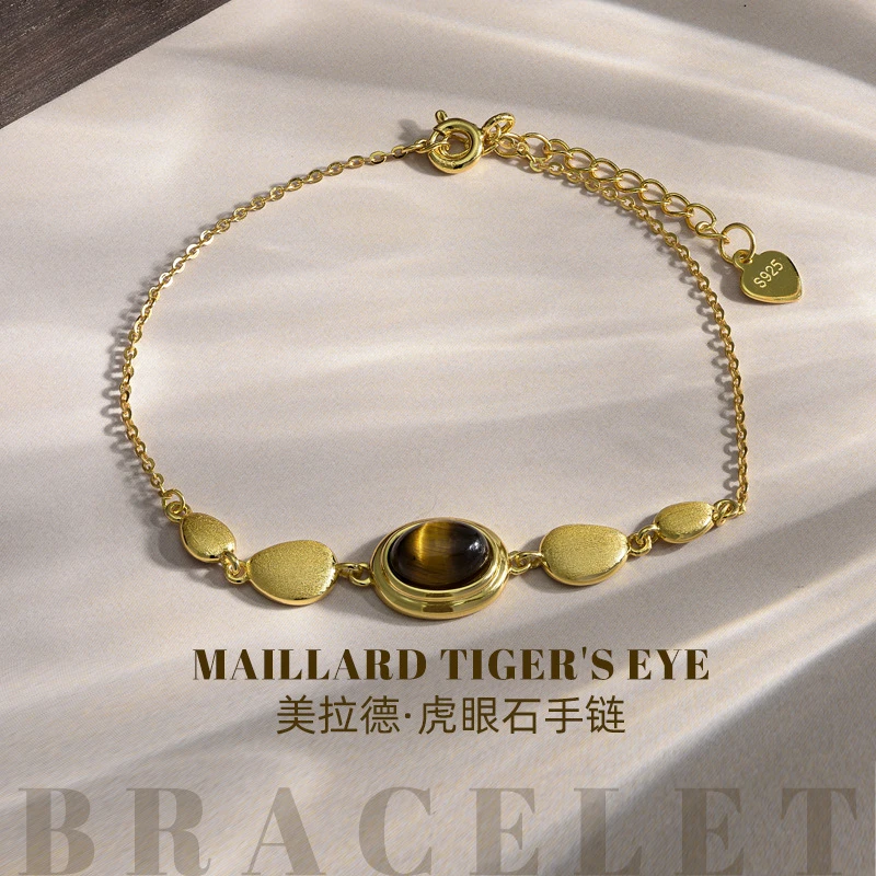 S925 Sterling Silver Tiger Eye Bracelet, French Vintage Warm Tone Minimalist Wrap for Women