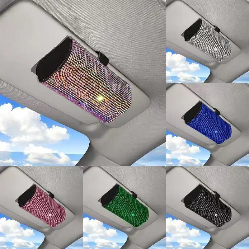 Bling Rhinestone Car Glasses Case Sunglasses Storage Box Crystal Auto Interior Accessories Sun Visor Organizer Glasses Holder