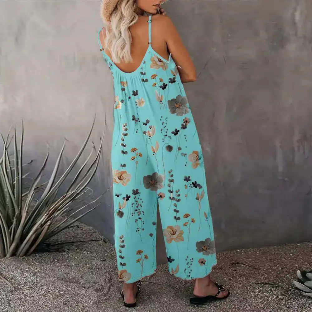 

Women Sleeveless Jumpsuit Floral Print Vacation Jumpsuit Adjustable Spaghetti Strap Backless Sleeveless Wide Leg Deep Crotch