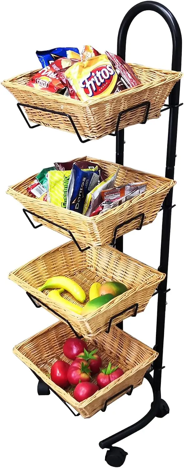 4 Tier Rolling Wicker Basket Display Rack Mobile Market Merchandiser Stand Kitchen Pantry Organizer Utility Storage Cart Floor Standing Display Shelf Tower Natural Willow Color