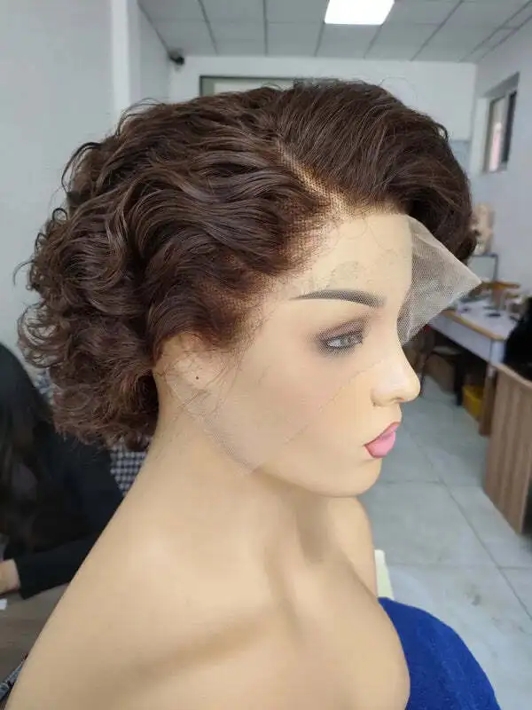 

13x4 Lace Front Wig Pixie Cut Wig Dark Brown #2 Water Wave Curly Wigs