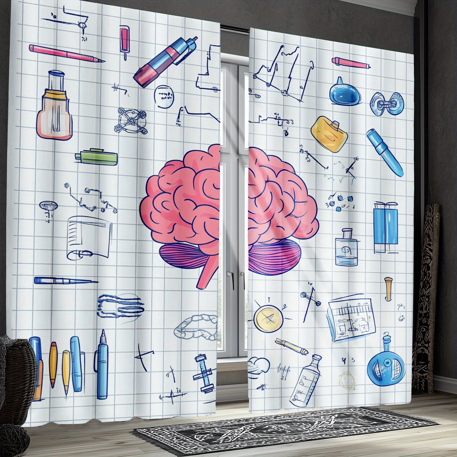 Scientific Blueprint Curtain Panels STEM Education Classroom Window Drapes Biology Brain Diagram Grid Pattern Curtains for Home