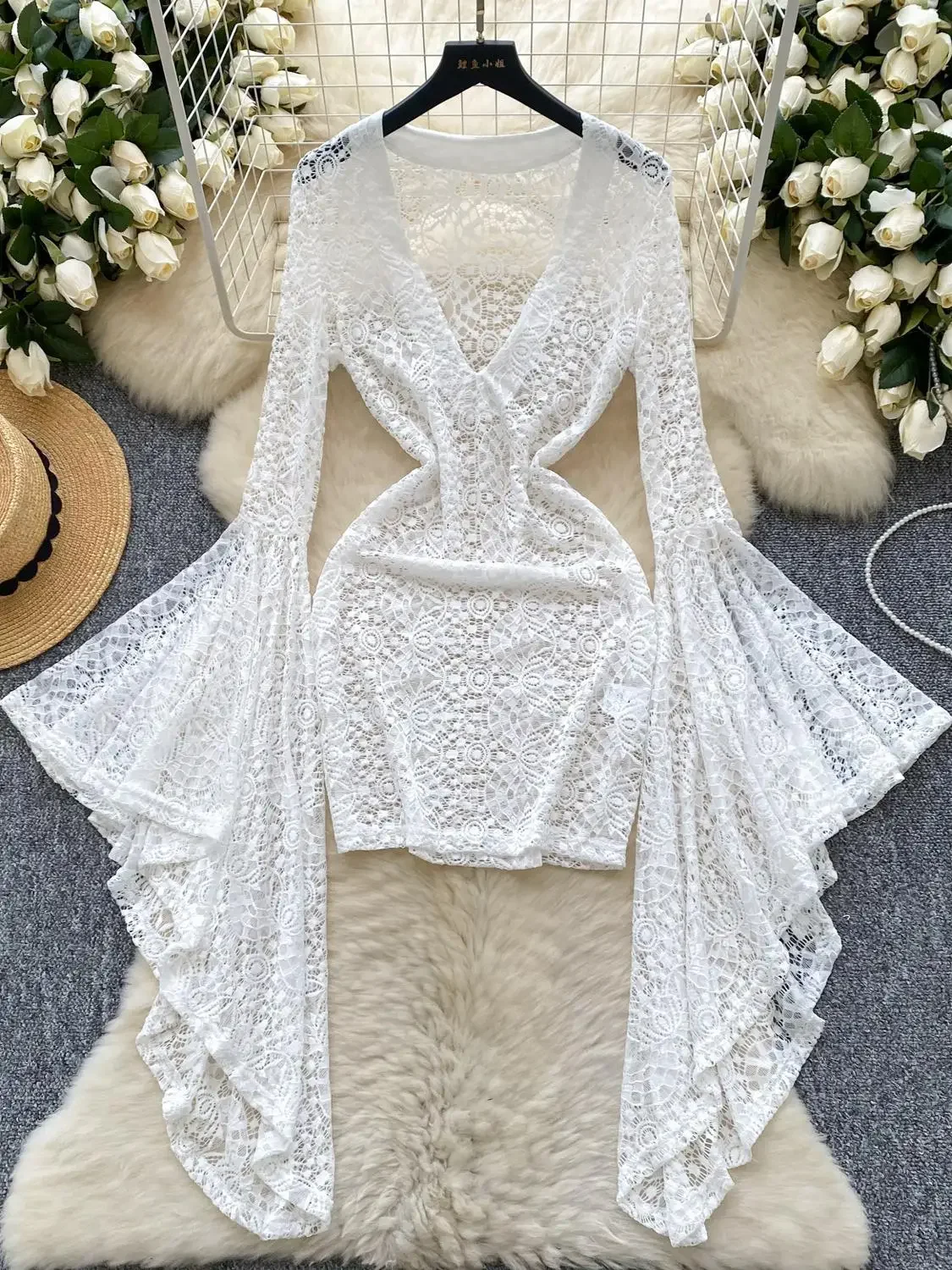 Foamlina Sexy Perspective V-Neck Lace Dress Women Fall Horn Long Sleeve Slim Girls Bodycon Bottom Hollow Out White Lace Dress