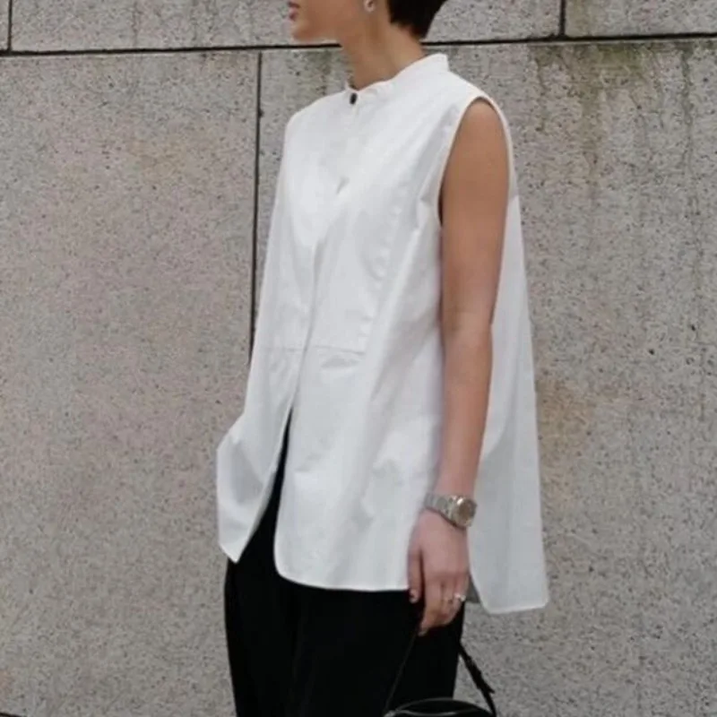 Stand Collar Sleeveless Shirts & Blouses Single Breasted Blusas Japanese Loose Camisas Minimalist Ropa Mujer Summer Tops