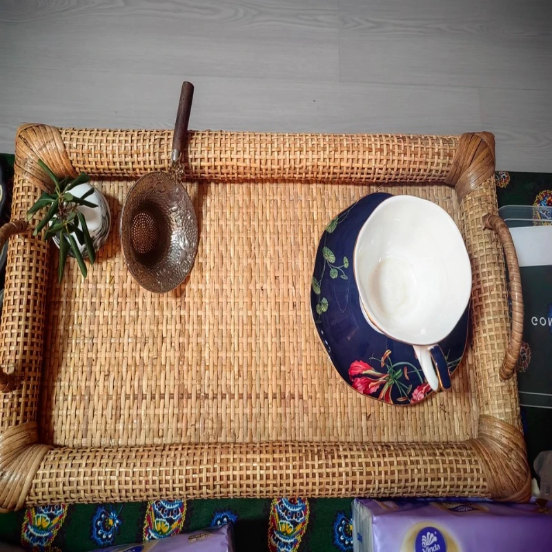Vintage Rattan Storage Trays Mid-Century Ceremonial Serving Platter Rectangular Tea Room Decor Artistic Coffee Table DisplayTray
