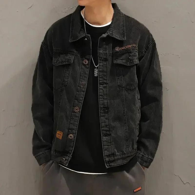 Denim Jackets Man Wide Shoulders Jeans Coat for Men Sleeves with Embroidery Blue New in Worn Winter Large Size Outwear JJ1271