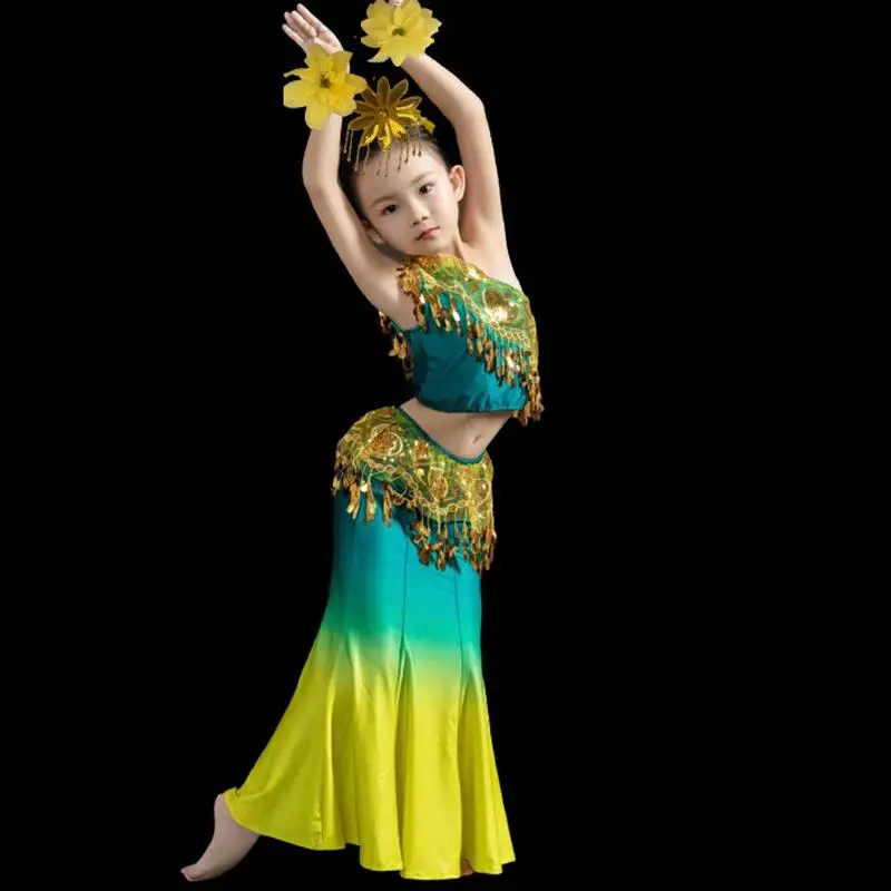 Traje de dança étnica dai infantil, saias de dança de pavão minoritária para meninas, estilo nacional tradicional, roupas de performance
