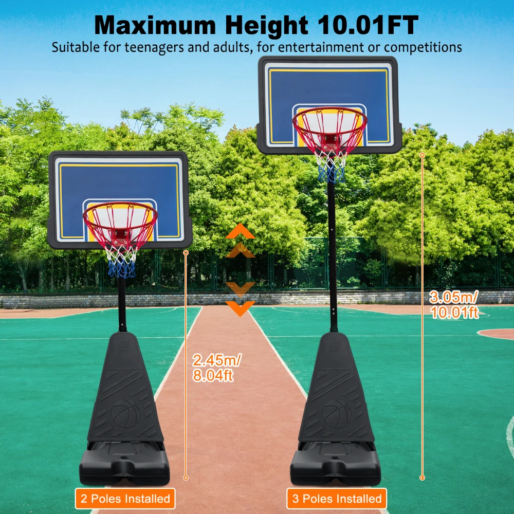 Portable Basketball Hoop for Youth Adults & Professional Match Adjustable Height 8.04 Ft To 10.01 Ft 39 Inch Backboard