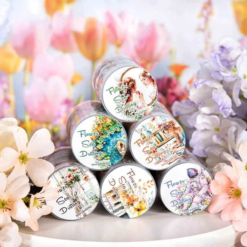 6-roll set 6cm×200cm floral and character-themed PET tape set, Flower Sea Free-Flowing series - waterproof, PET die-cut waterproof character scenery self-adhesive stickers suitable for DIY scrapbooking, gift wrapping, planners, luggage, and irregular-shaped planners