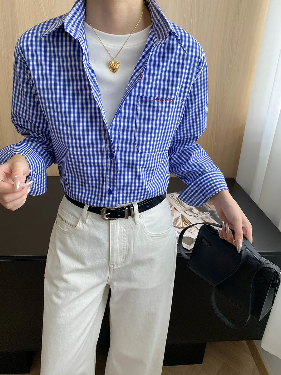 

Early autumn new intellectual style blue checkered embroidery temperament casual shirt layered and worn