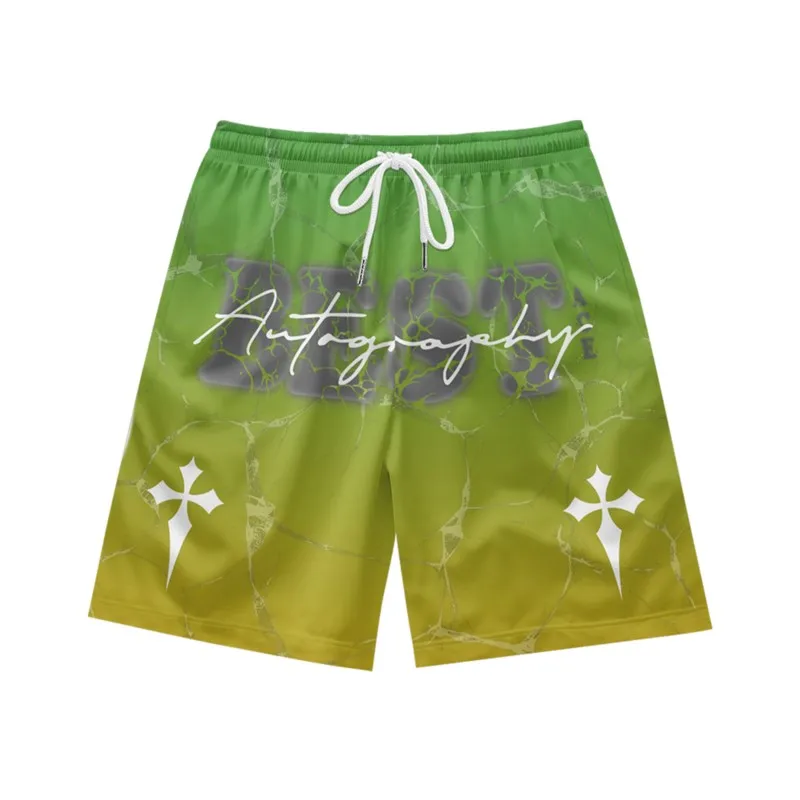 Gradient green letter print temperament, fashionable daily casual trend, summer men's drawstring beach sports shorts