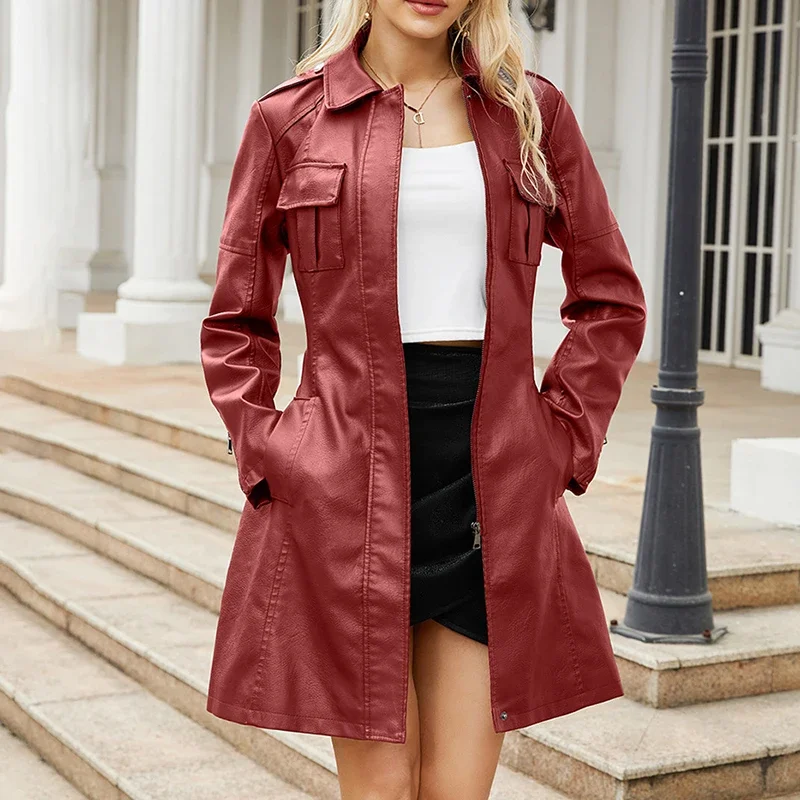 Solid Color Lapel Zipper Slim Long Sleeve with Belt Faux Leather Elegant Office Street Jacket Leather Clothing Women's Fashion