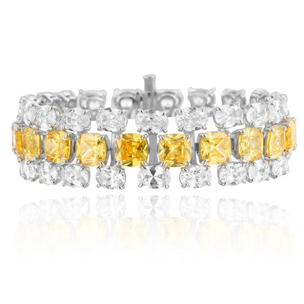 Luxurious Multi-Layer Oval & Cushion-Cut Yellow Zircon Diamond Tennis Chain Bracelet - Real Gold Plated, Designer Bridal Jewelry