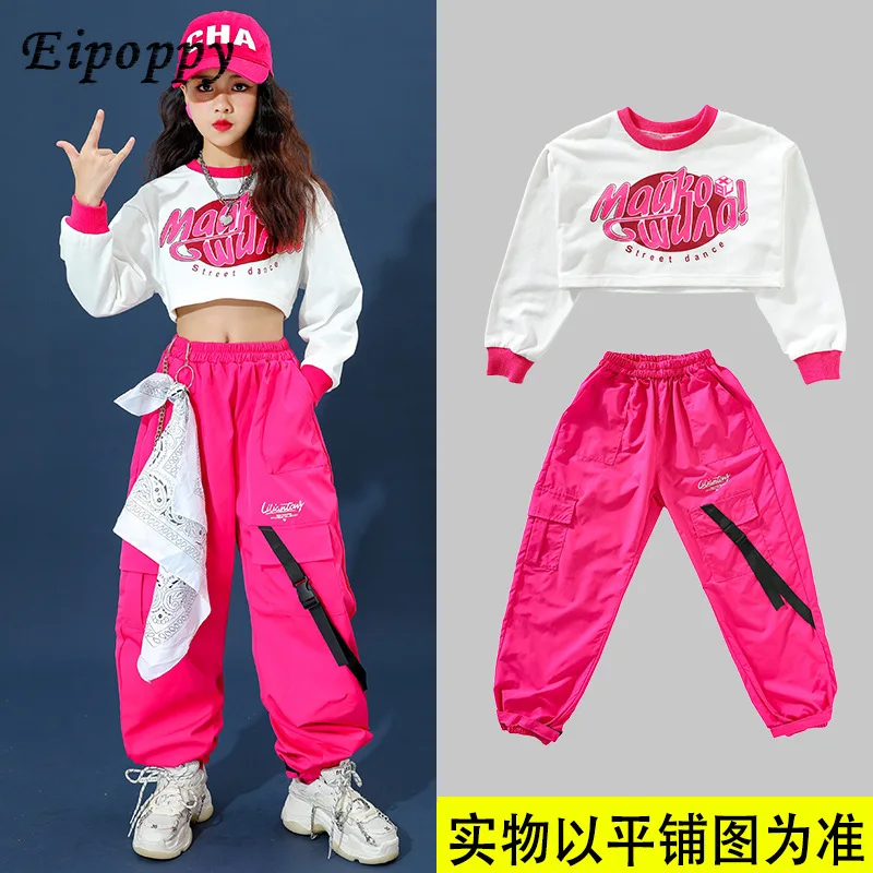 Girls Crop Top Cargo Pants Child Sweatshirt Plaid Skirt Street Dance Costume Clothes Set