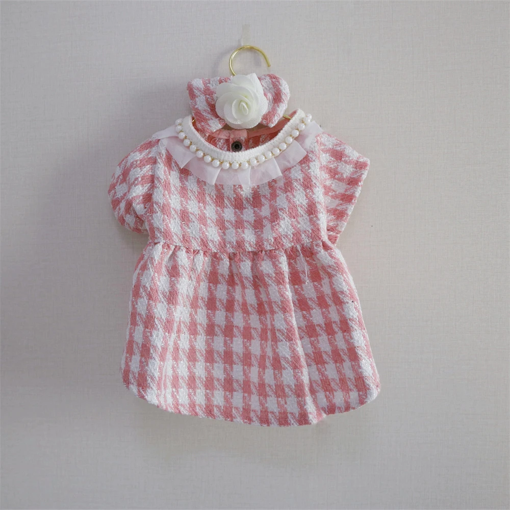 Puppy Plaid Wool Dress Pearl Neck Sweater Teddy Bears Medium Small Dog Cardigan Autumn Winter Pet Apparel Dog Clothes