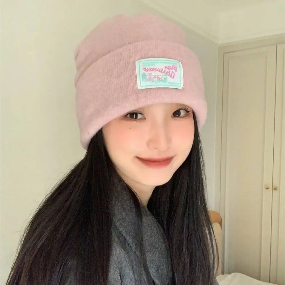 

Fashion Keep Warm Knitted Pullover Hat Coldproof Solid Color Woolen Stacked Hat Polyester Soft Beanies Cap Female