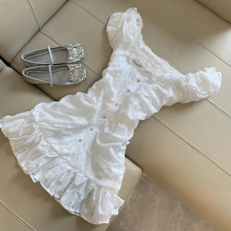 Korean Sweet Lace Short Dress Women College Style Elegant New A-line Dresses Off Shoulder Sexy Design White Casual Clothing 2025