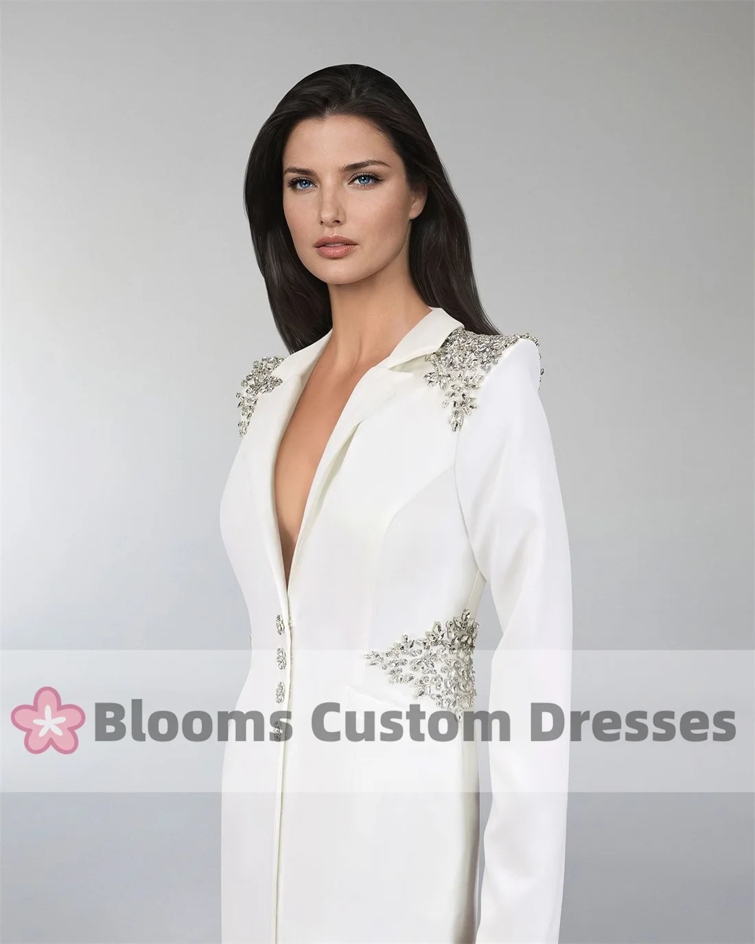 Blooms Customized Deep V-Neck Buttons Shiny Sequin Crystal Evening Dresses Crepe Long Sleeves Prom Dress Wedding Party Gown