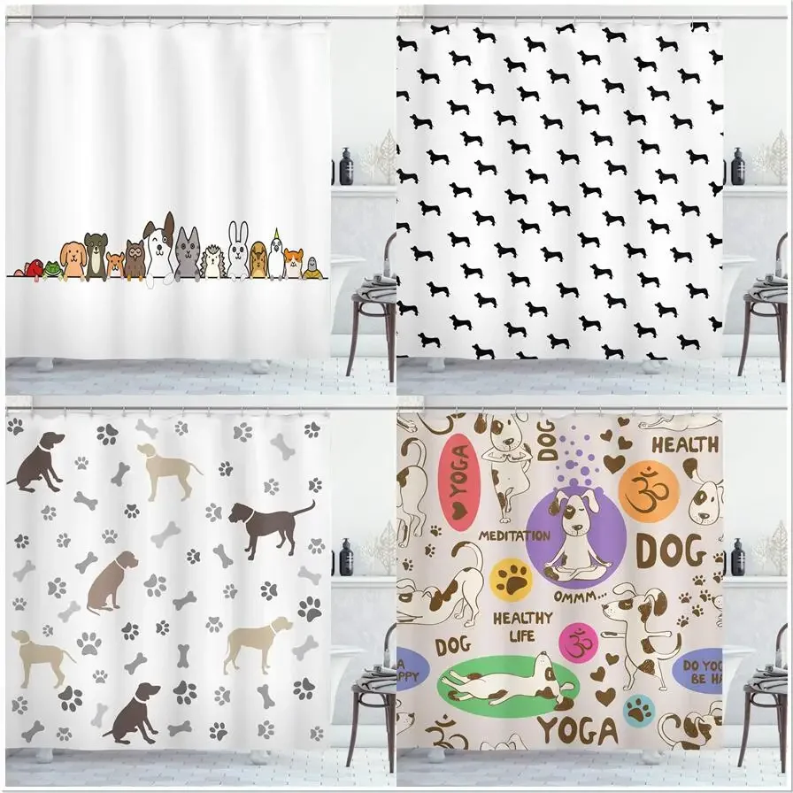 Funny Dog Shower Curtains Cute Cartoon Animal Paw Print Bones Children Bathroom Decor Polyester Fabric with Hooks Bathtub Screen