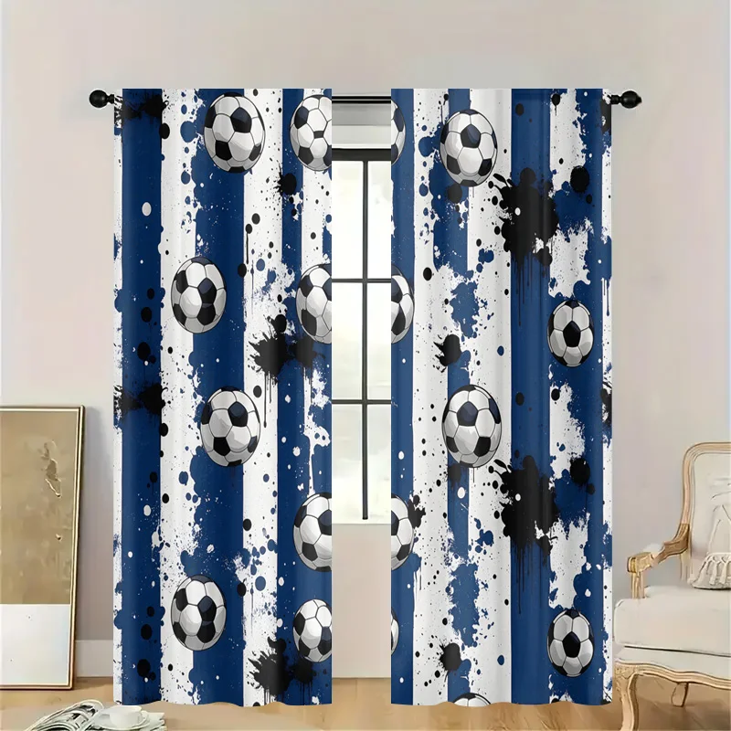 Waterproof Soccer Shower Curtain Blue White Stripes Football Sport Theme Bathroom Wall Decor Panel Gift for Man House Home Accen