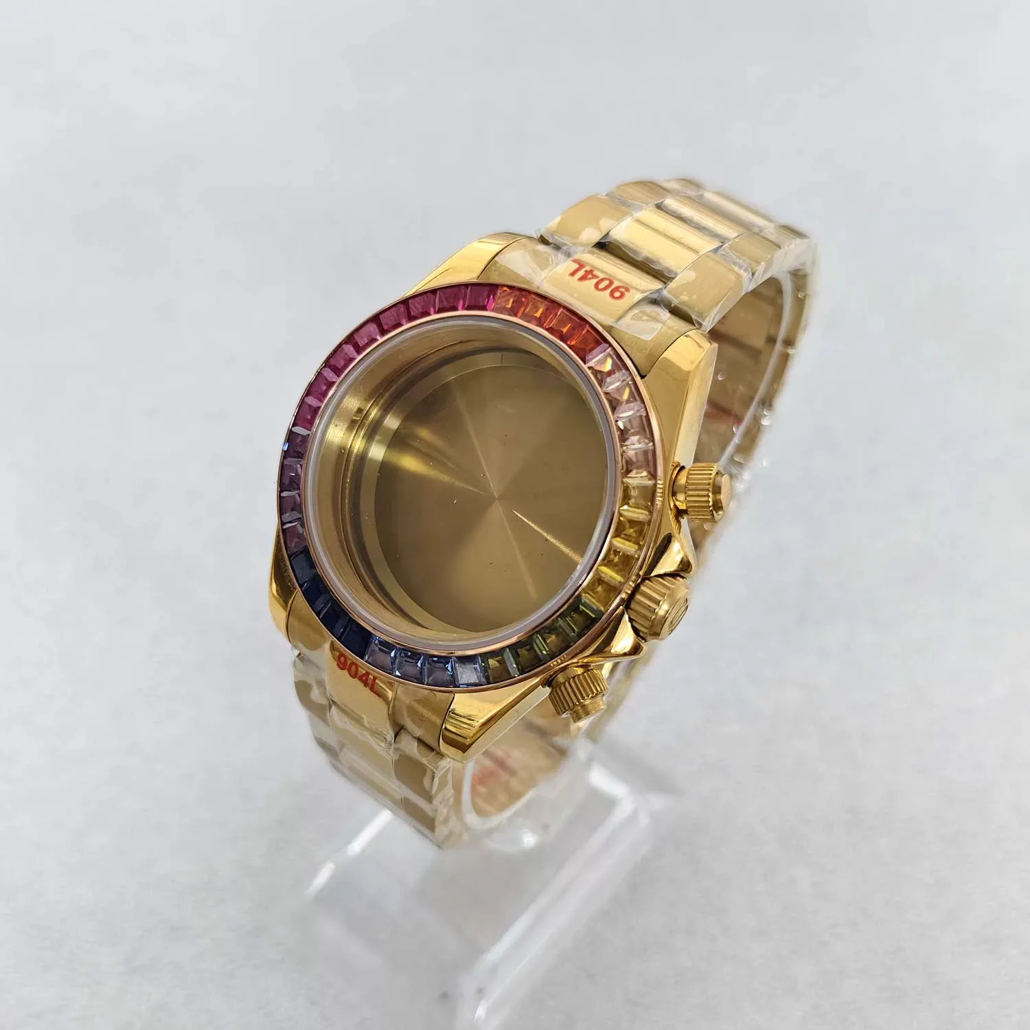 39mm Gold Stone Inlaid Watch Case Sapphire Crystal With Stainless Steel Bracelet Fit VK63 Quartz Movement Watch Mod Parts