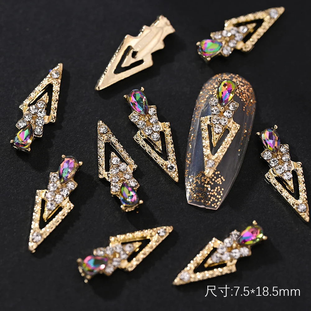 10Pcs Ancient Metallic V Design 3D Nail Charms 7*18mm Luxury Diamond Alloy Nail Art Gold Alloy Manicure Rhinestone Decoration