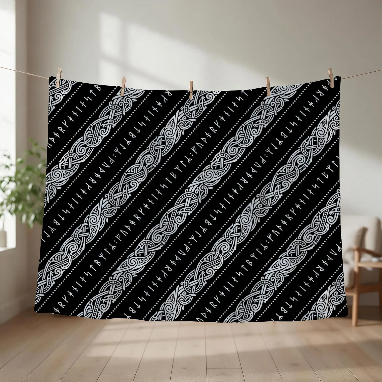 RUNIC DIAGONAL. SILVER ON BLACK. Throw Blanket couch cozy soft plush fuzzy picnic outdoor blanket