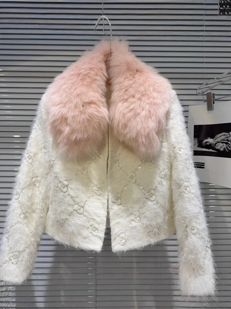 HIGH STREET Newest F/W 2025 Designer Fashion Women Fox Fur Collar bead Embroidered Down Liner Jacket