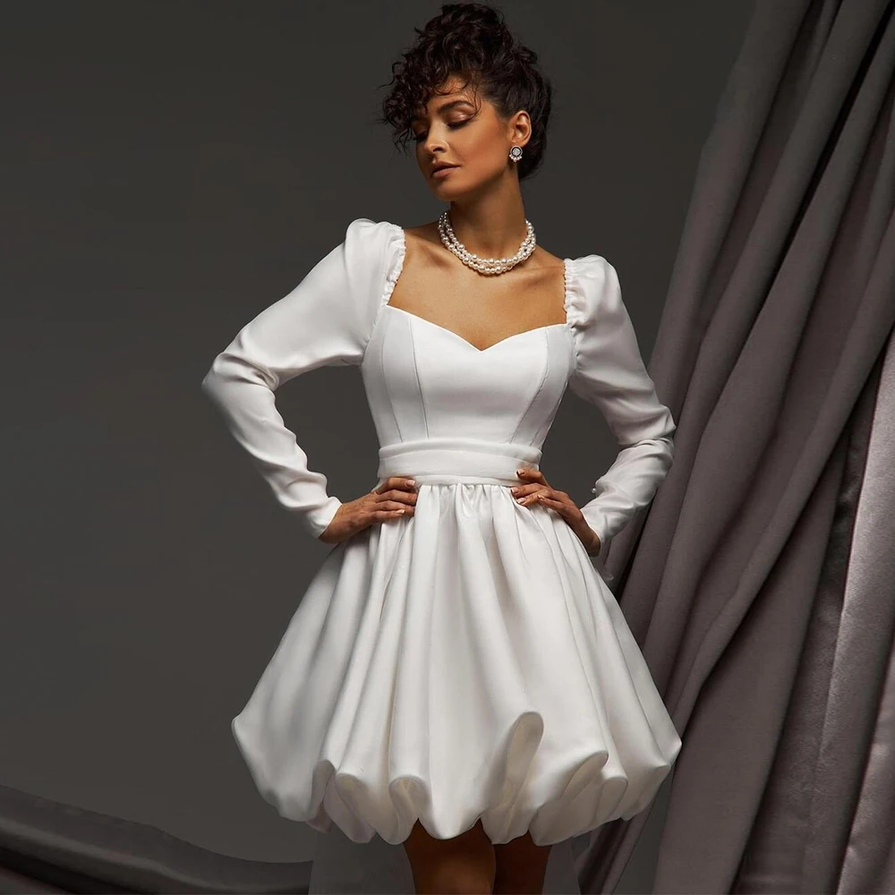 

Luxury Dresses Women 2024 Wedding White Satin Ruched Bow Bespoke Occasion Gown A-line Square Neck Women's Wedding Dresses Mini