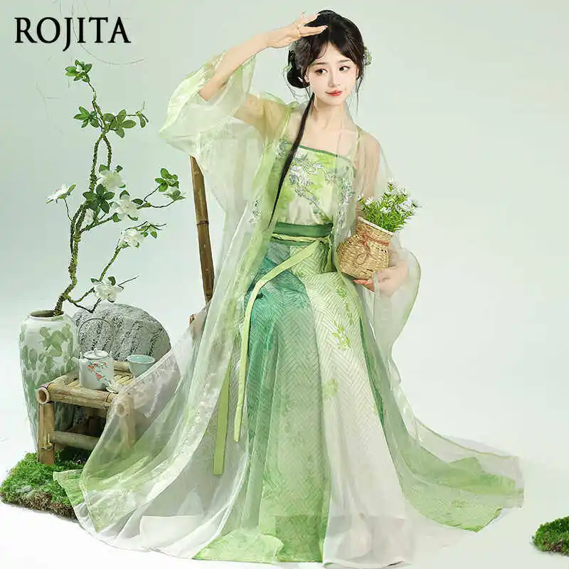 

Traditional Chinese Hanfu 3 Piece Set Green White Sheer Robe Embroidered Camisole and Gradient Skirt Ancient Style Outfit
