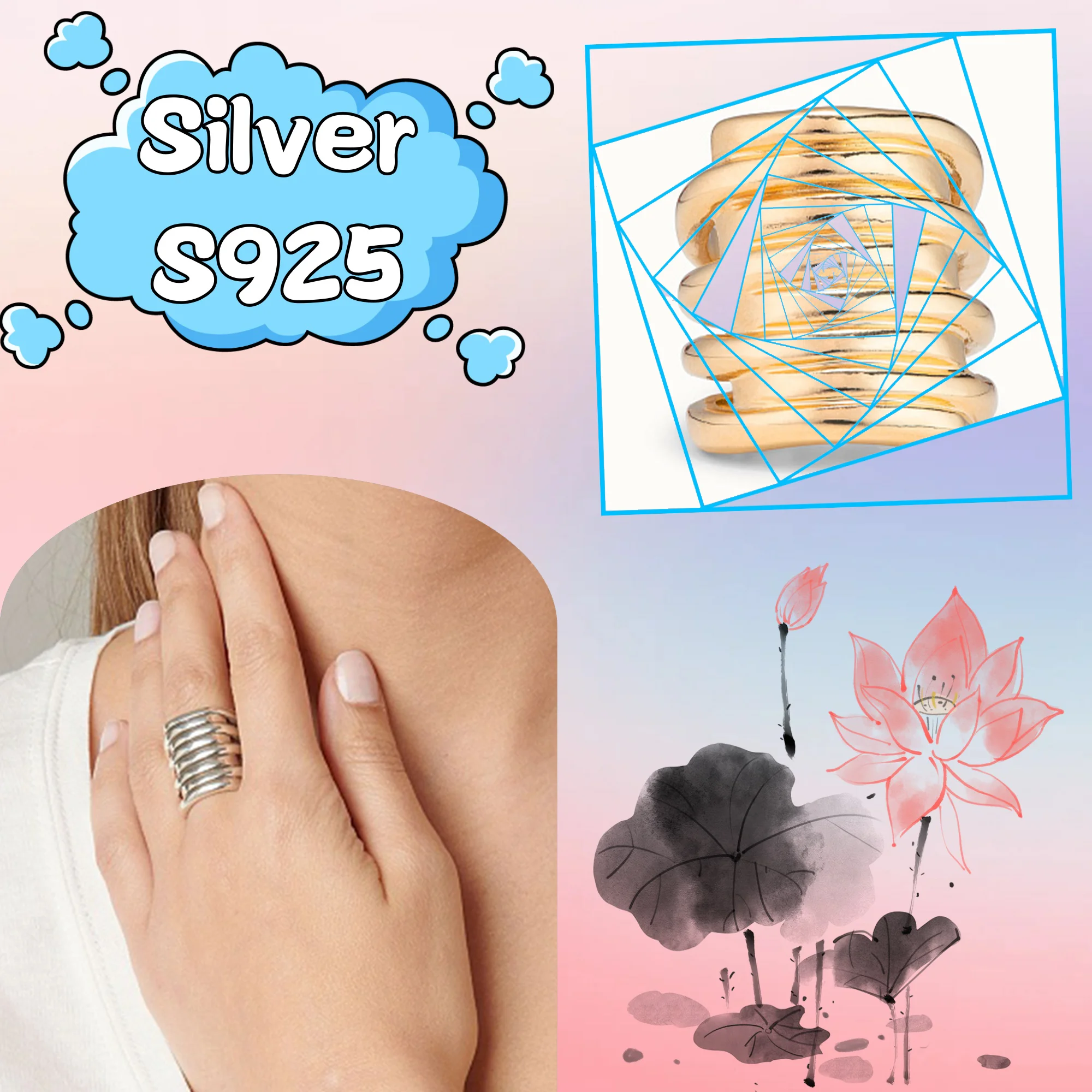 

Spring wound hollow ring no50 pure silver S925 Spanish men's jewelry gift for father fashionable wearing gift