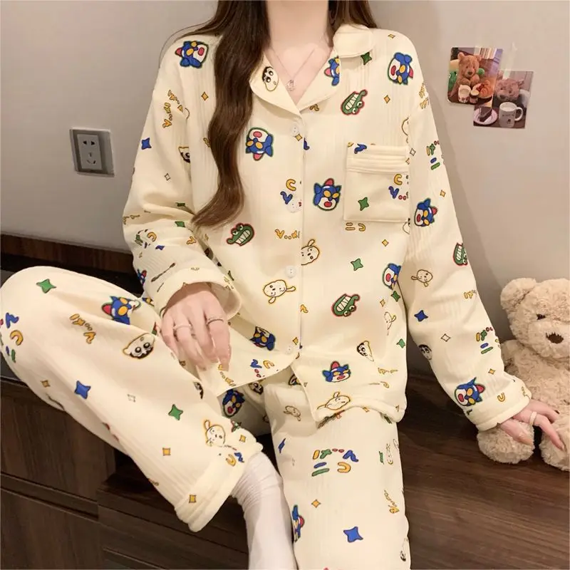 Kawaii Women Pajamas Suit Cartoon Crayon Shin-Chan Autumn Winter Casual Girls Thickened Homewear Anime Loose Tops Pants Suit