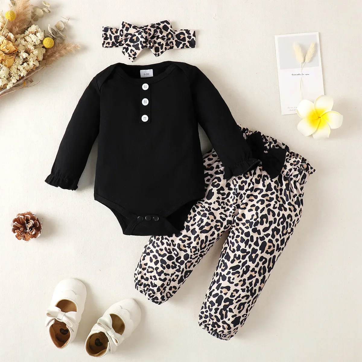 0-24 Months Baby Girl Clothes Set Toddler Girls Clothing Long Sleeve Bodysuit + Leopard Print Bow Pants Infant Baby Outfit