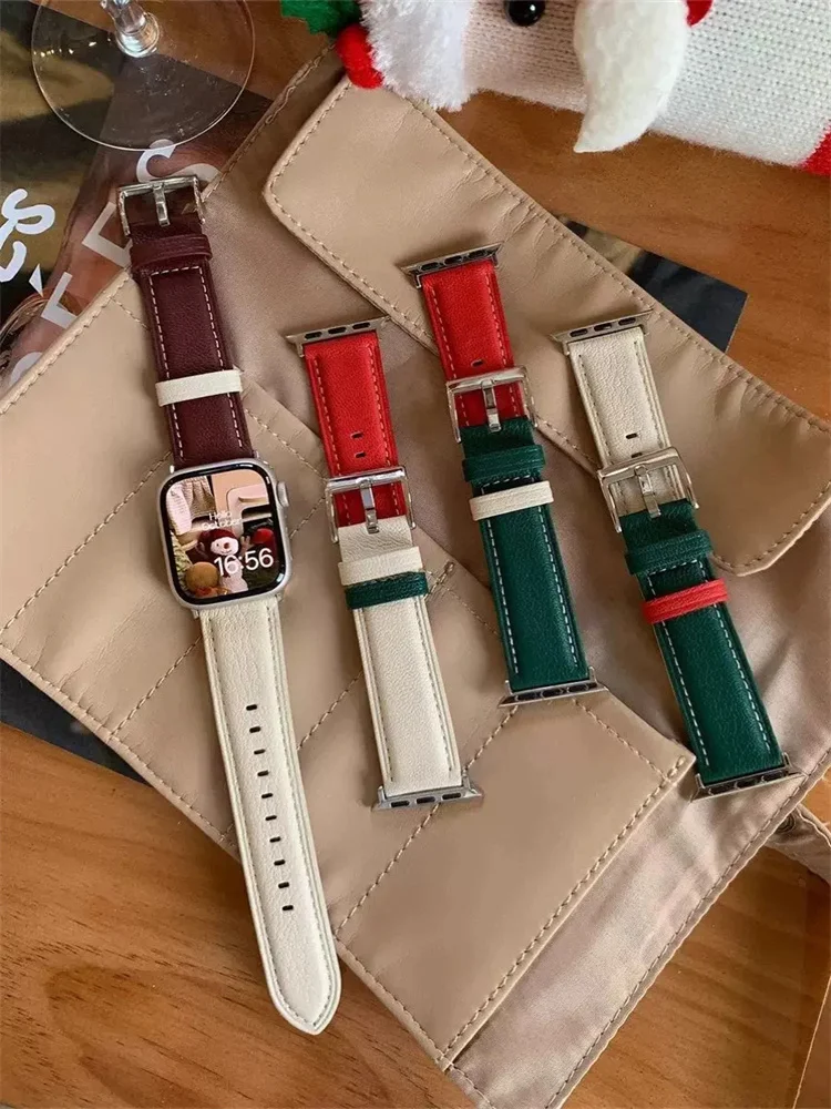 Korea Cute Christmas Leather Strap For Apple Watch Band 49mm 45 Ultra2 44 41 42 Correa Men Women Band For Iwatch Series 9 8 7 SE