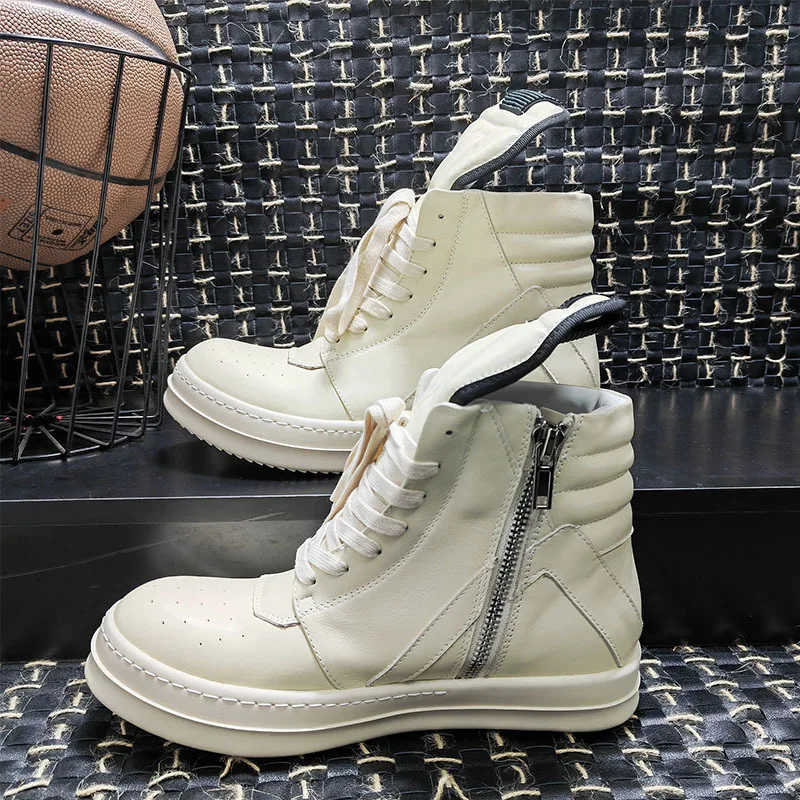 R-o Quality Men Shoe Black Leather Ankle Boot Outoor Boots High Top Casual Shoes Zipper Women Sneaker Flat Cowhide Sneakers