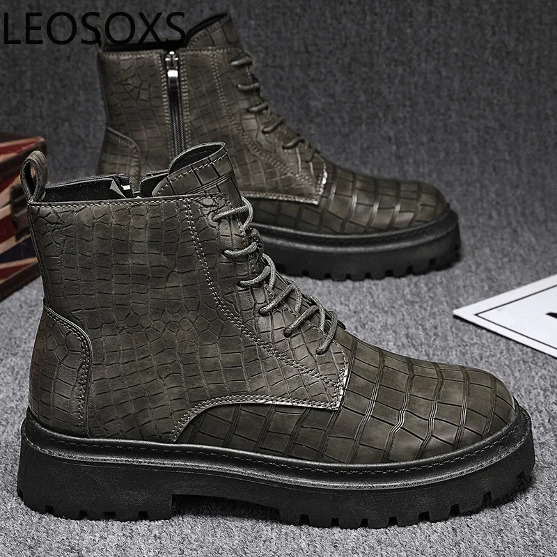 Booties for Men High Boots Soft Comfortable Lace-up Classic LEOSOXS High Tops Fashion Explosive Style Motorcyclist Shoes New