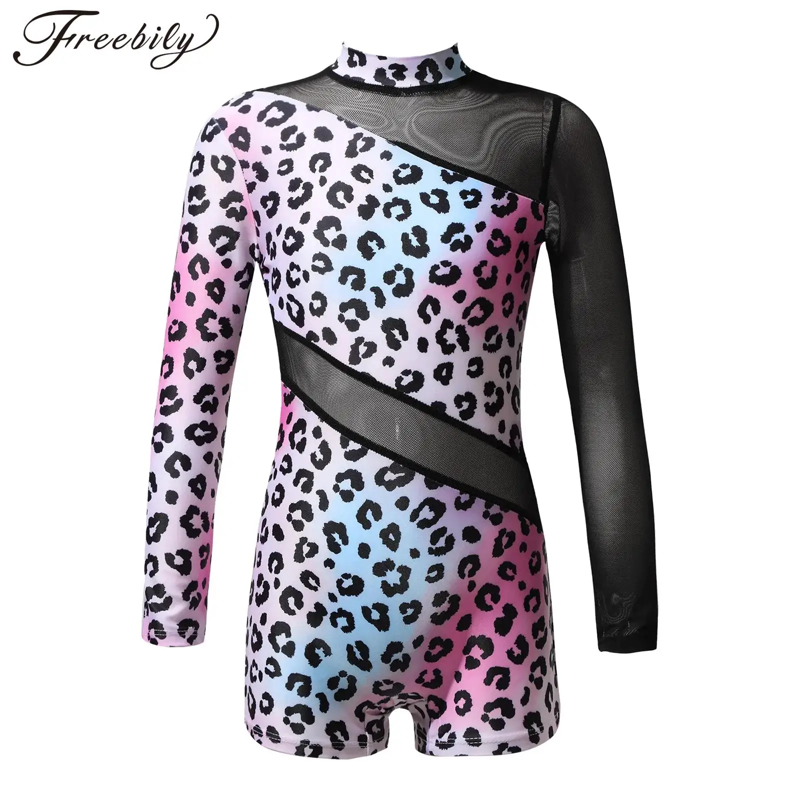 Kids Girls Mesh Long Sleeves Gymnastics Leotards Unitard Ballet Dance Costumes Bodysuit Jumpsuit Performance Dancewear