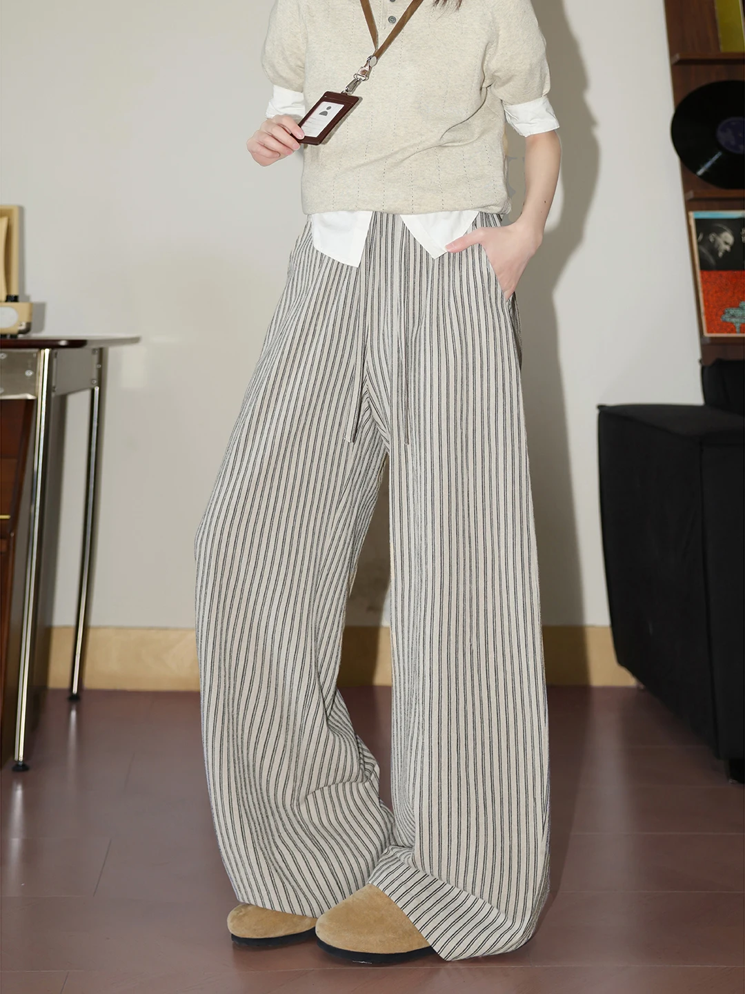 

Retro Striped Wide Leg Pants Women's Summer Loose Straight Casual Pants Lazy Loose Feeling Cotton Linen Trousers