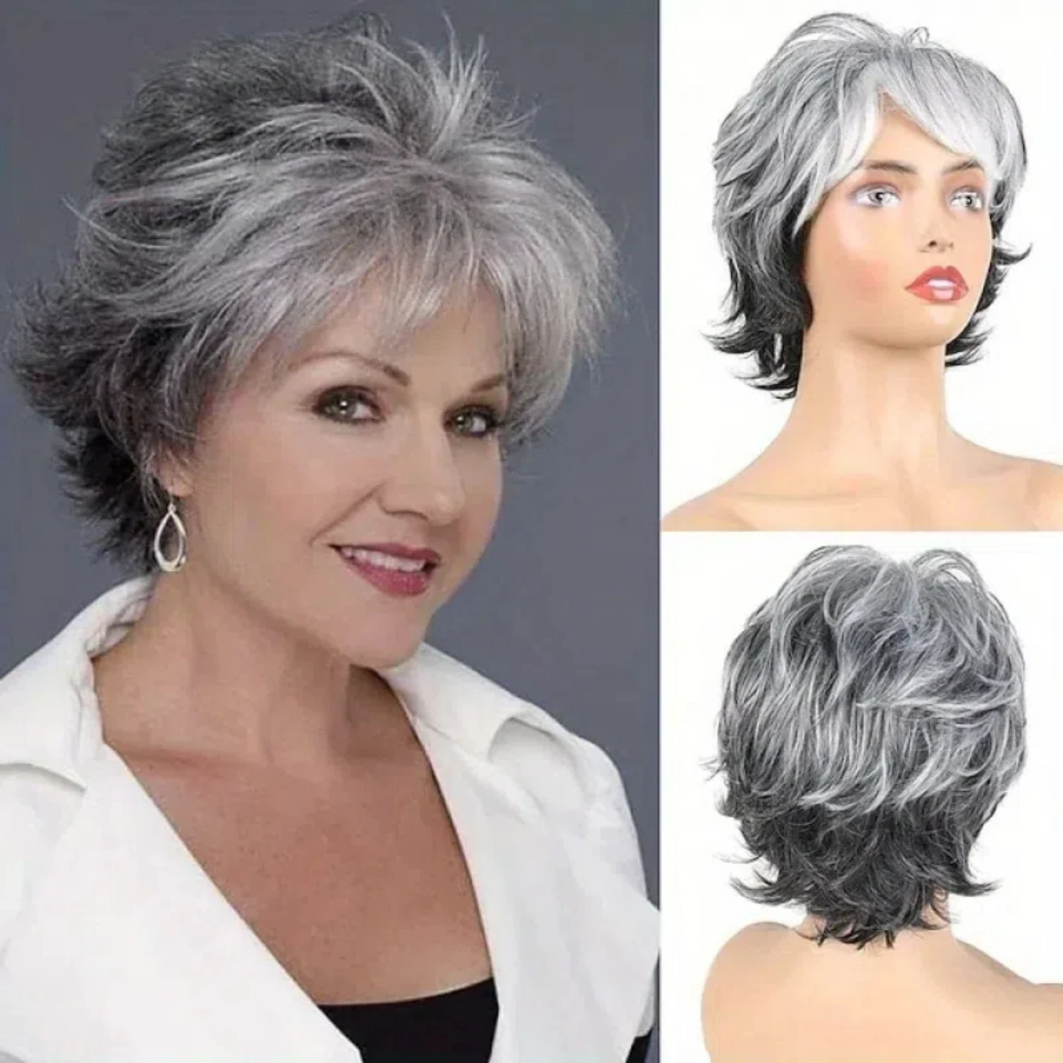 Women's Short Fluffy and Realistic Synthetic Fiber Costumes Ombre Grey Wigs for Cosplay, Parties, Stage Performances