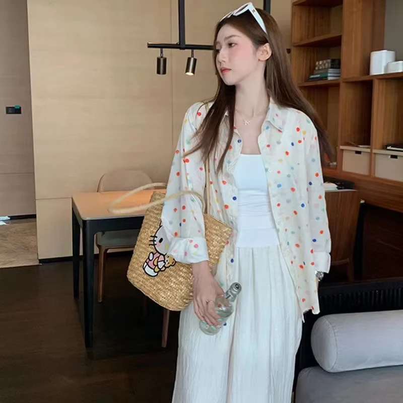 قميص غير رسمي فضفاض ورقيق واقي من الشمس بلوزة حلوة ملونة منقطة للنساء ملابس فضفاضة موضة الصيف بأكمام طويلة 1974 #6