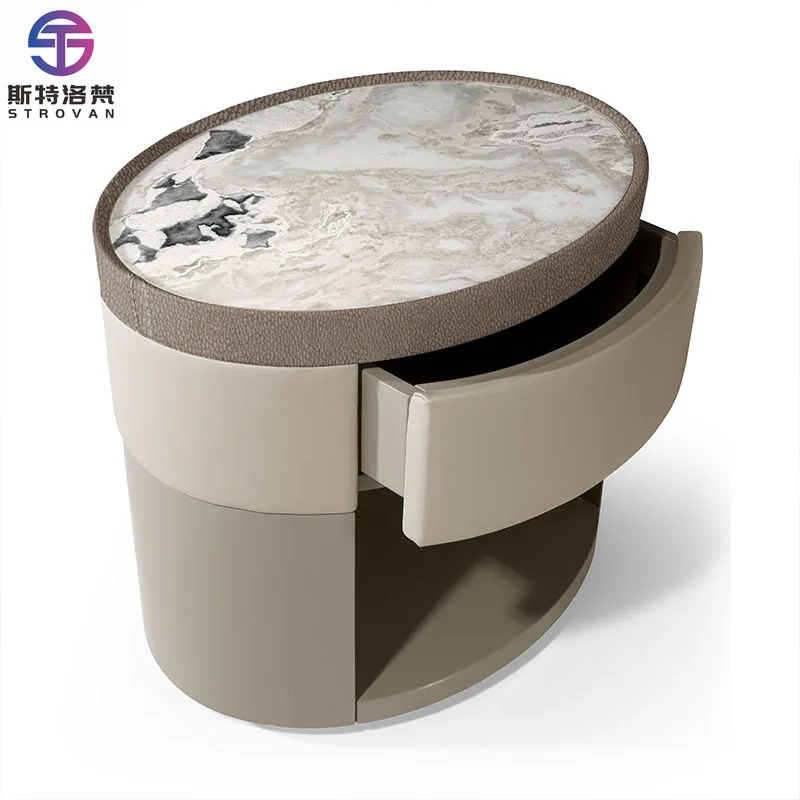 Luxury Solid Wood Frame Marble Countertop Round Nightstand Table Bedside Cabinet Italian Contemporary Villa Luxury Nightstand