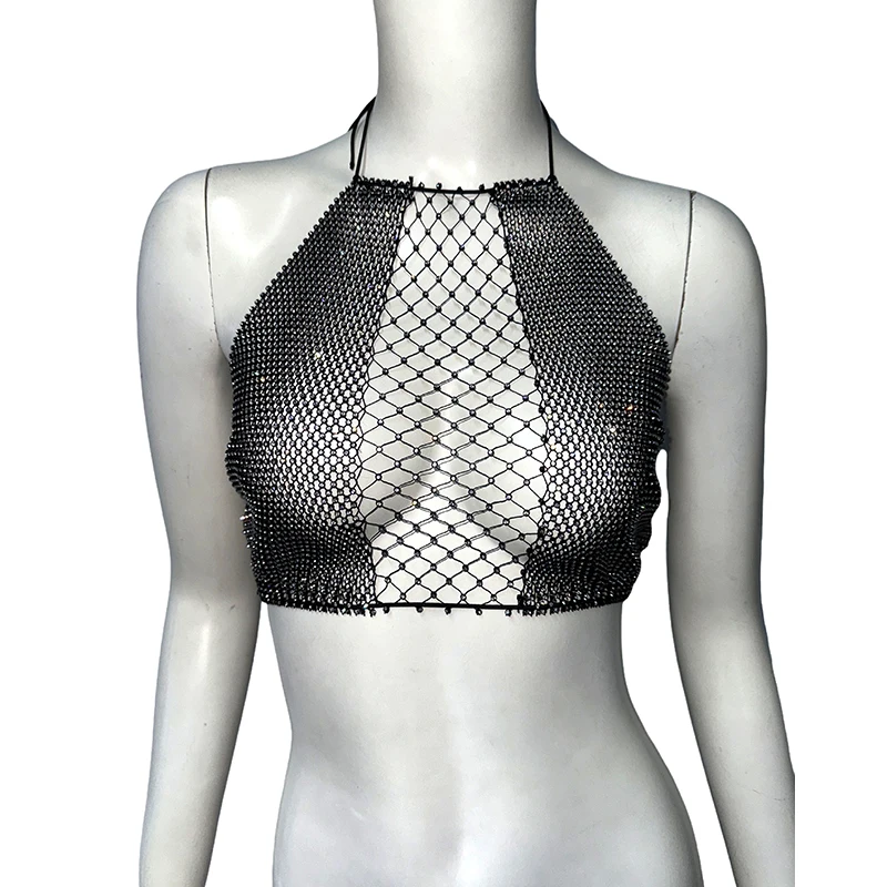 

Sexy Hollow Out See Through Mesh Shiny Rhinestone Tank Tops Rave Vocal Concert Crop Top Women Backless Halter Neck Camisole