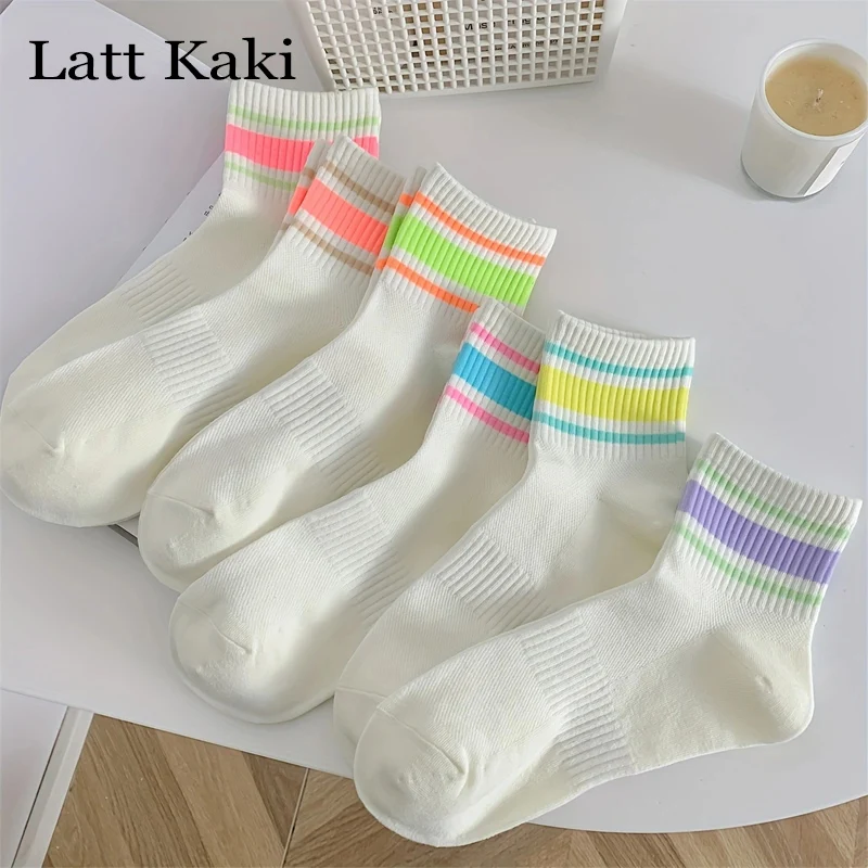 6 paia di calzini da donna Set sottili nuovi calzini a rete Multipack a righe Casual di colore misto stile Preppy calzini bianchi di base Casual semplici