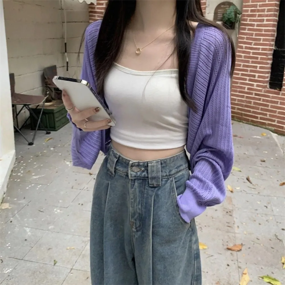 Elegant Hollow Knitted Shawl Long Sleeves Thin Knit Cardigan Solid Color Korean Style Knitted Cape Women