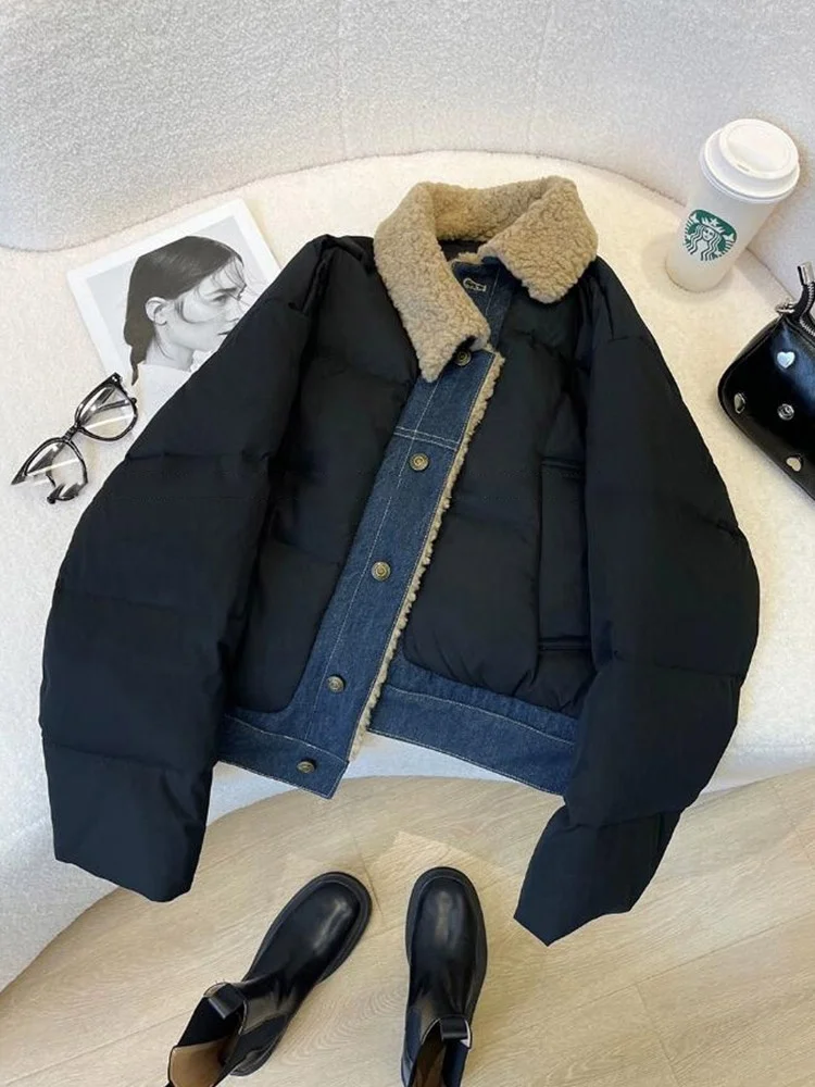 

2025 Winter New Faionable High-End Denim Patchwork Bla ort Cotton Women's Design Sensation Outerwear Women's Wear