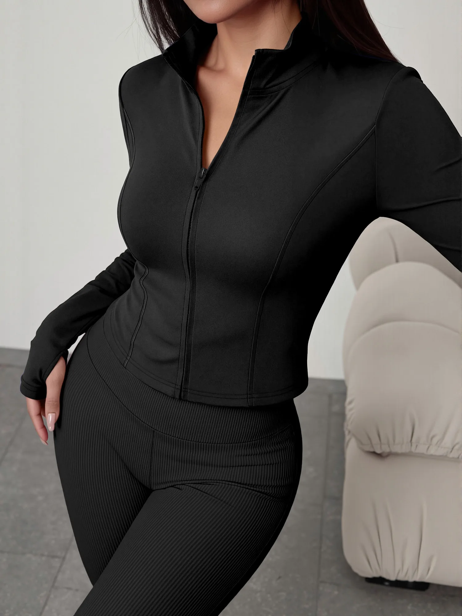 European American Women Ribbed Knit Two Piece Set, Long Sleeve Zip Top With High Waist Flare Pants, Casual Slim Daily Outfit