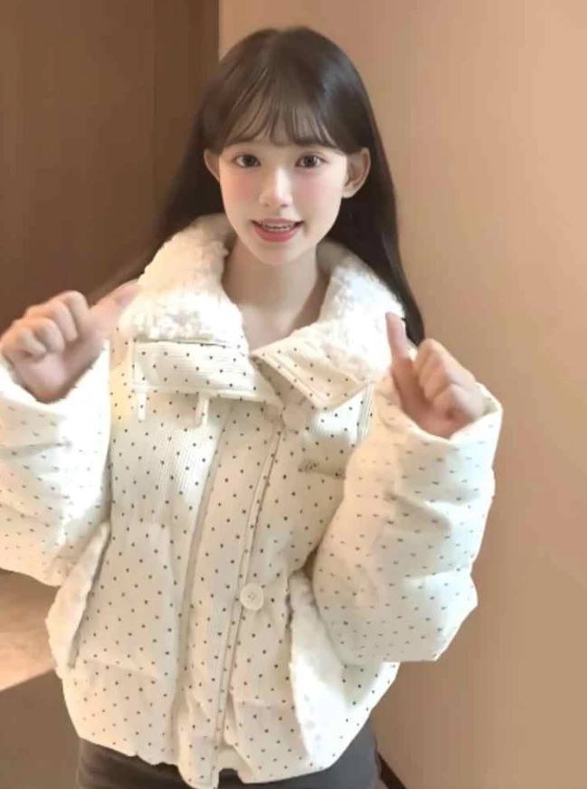 

Winter Thiened Plaid Collar down Cotton Jaet Women's Loose ort Bread Sle Faionable Warm Coat Sweet Sle